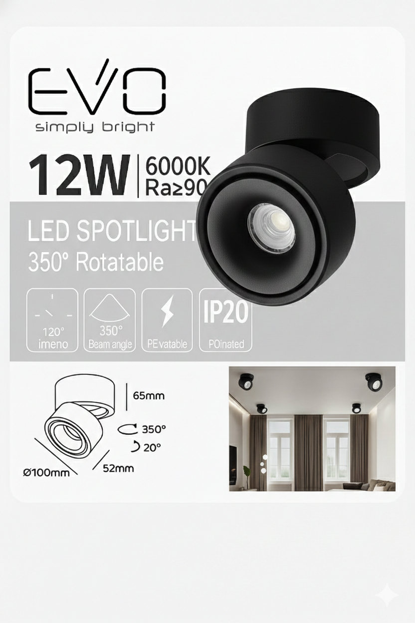 Foco LED Giratorio 360° Evo Negro 12W - Montaje Superficie - Image 5